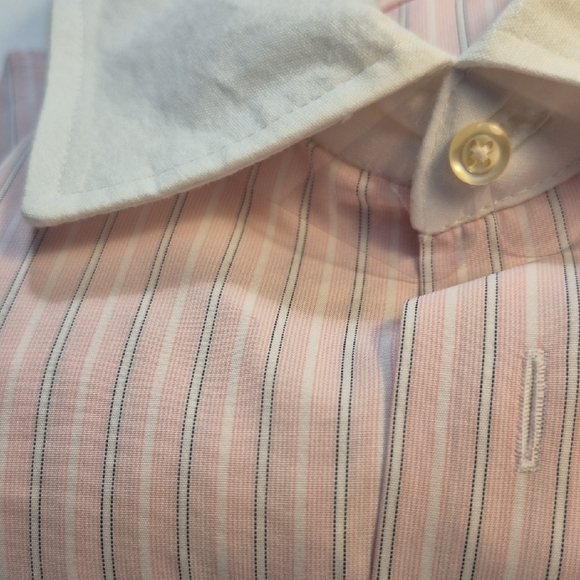 Saks Fifth Avenue Luxury Long Sleeve Pink and White Striped Mens Dress Shirt - Picture 11 of 11